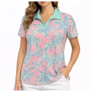 Ana Clare Active Mer Top Pink Paradise Palm Print UPF 50 Golf Polo Shirt Size L